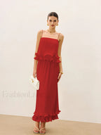Pleated Layered Ruffle Skirt Set Red / XS Skirt Sets