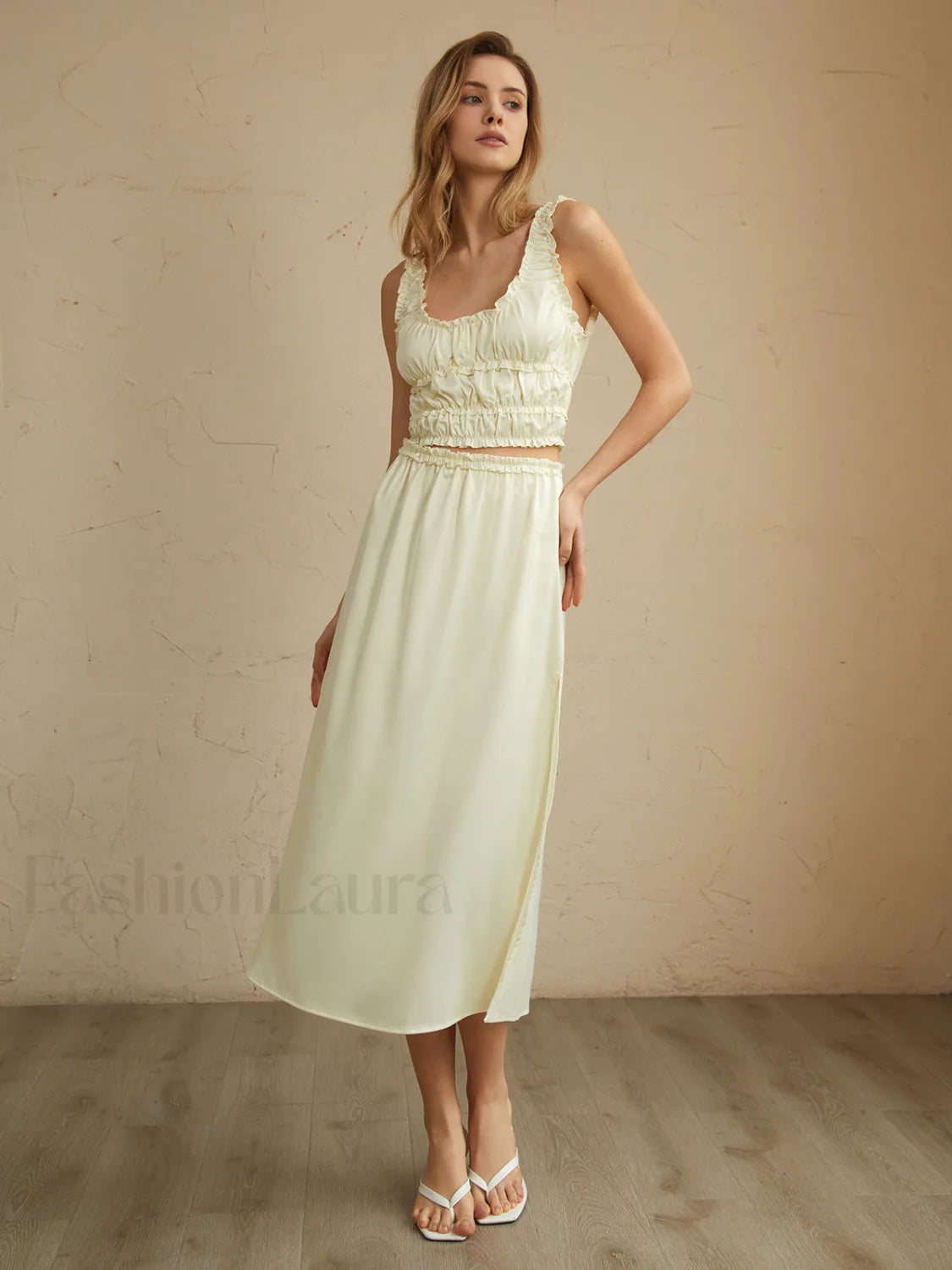 Pleated Lettuce Trim Trendy Split Midi Skirt Secondary image