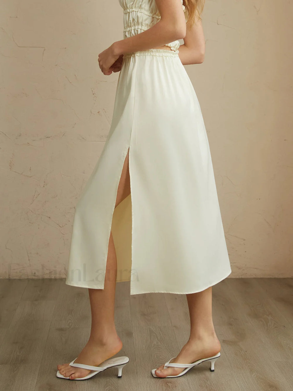 Pleated Lettuce Trim Trendy Split Midi Skirt Skirts