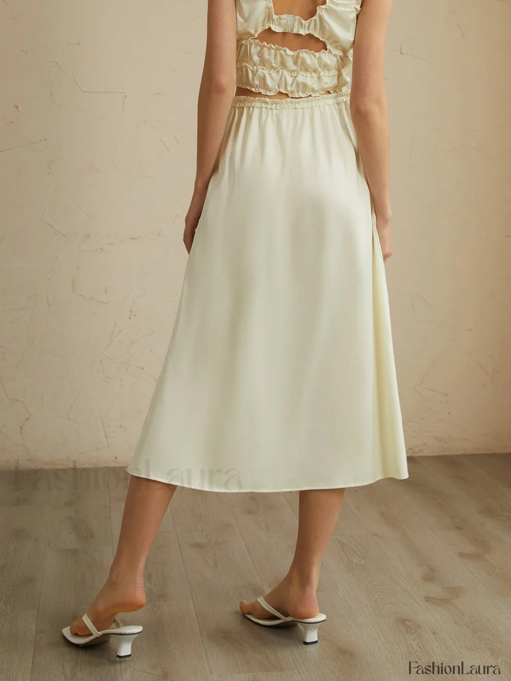 Pleated Lettuce Trim Trendy Split Midi Skirt Skirts