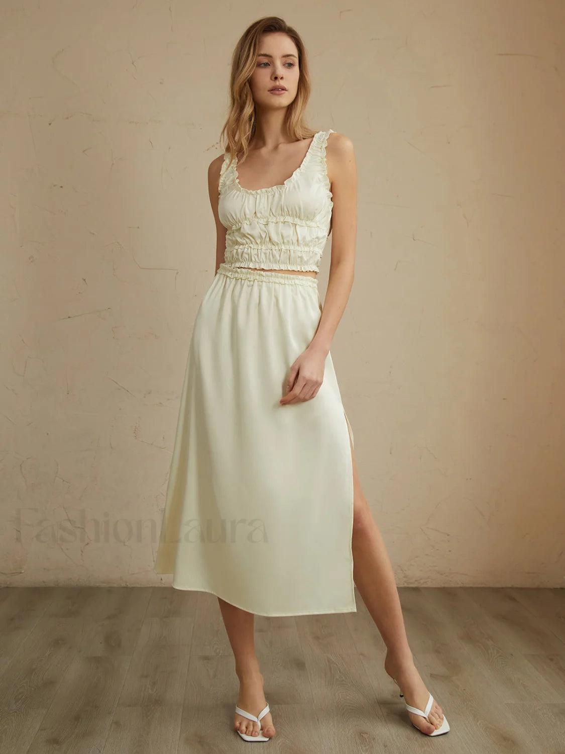 Pleated Lettuce Trim Trendy Split Midi Skirt Yellow / XS Skirts Main image