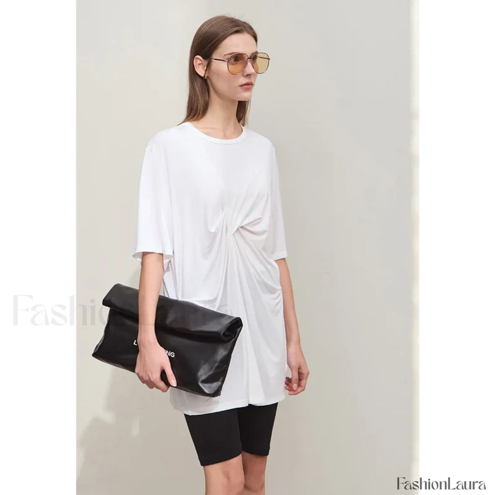 Pleated Mid Length T Shirt Beige / S