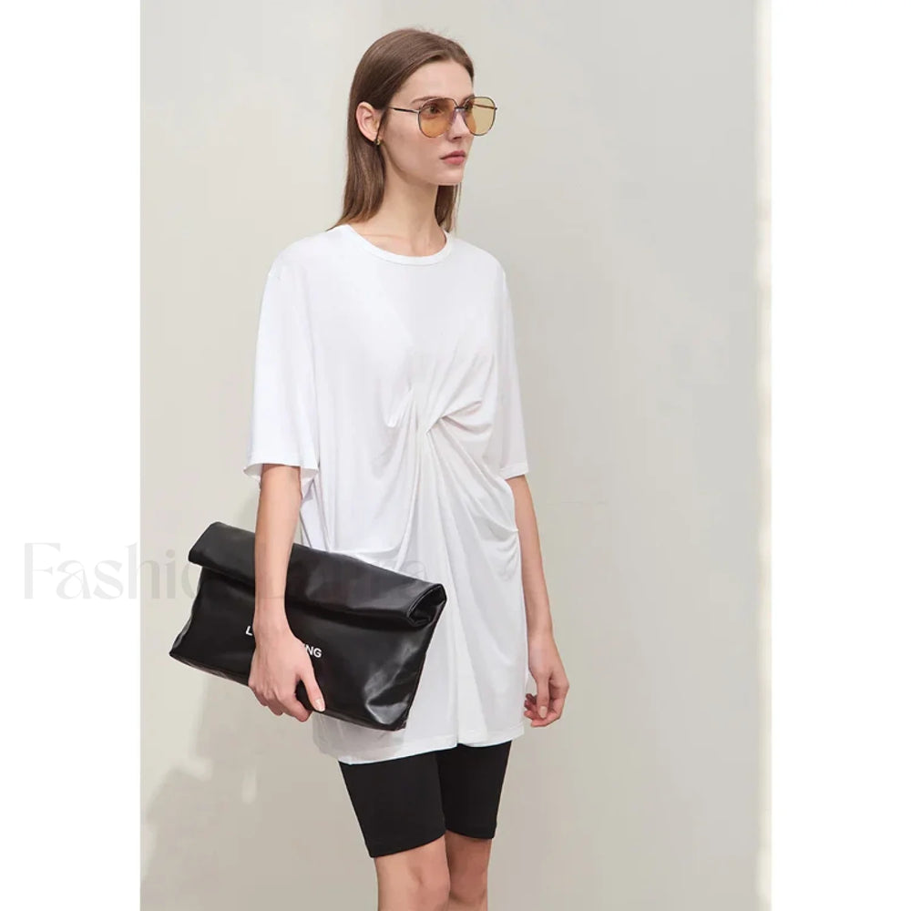 Pleated Mid Length T Shirt Beige / S