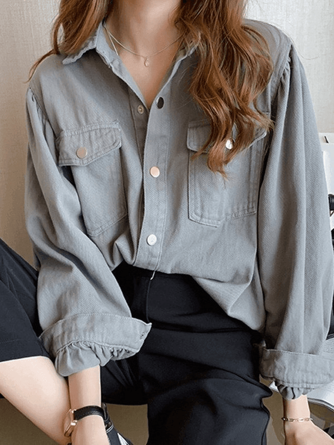 Pleated Long Sleeve Blouse Gray / M Shirts Main image