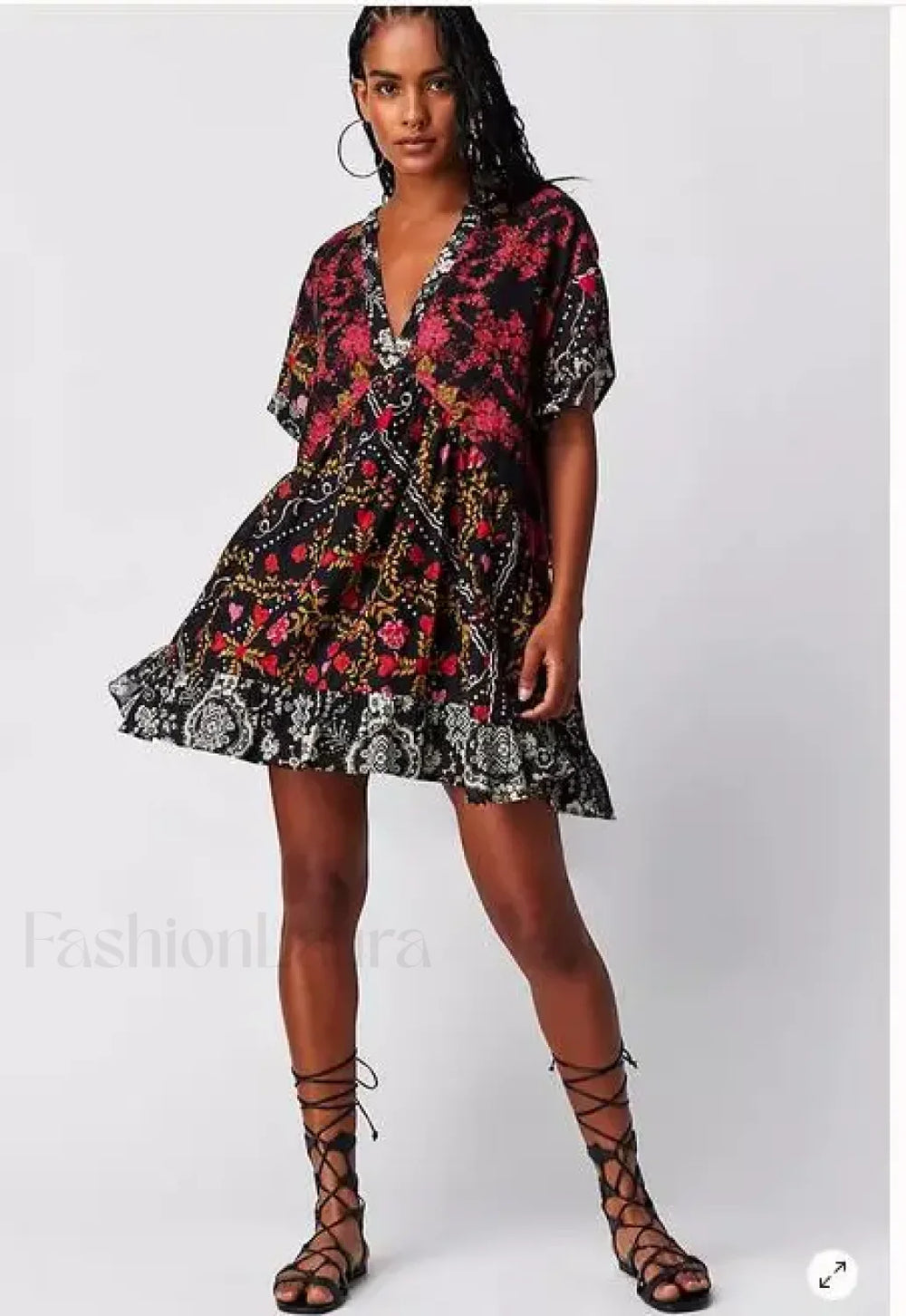 Pleated Oversized V Neck Boho Dress Black / S