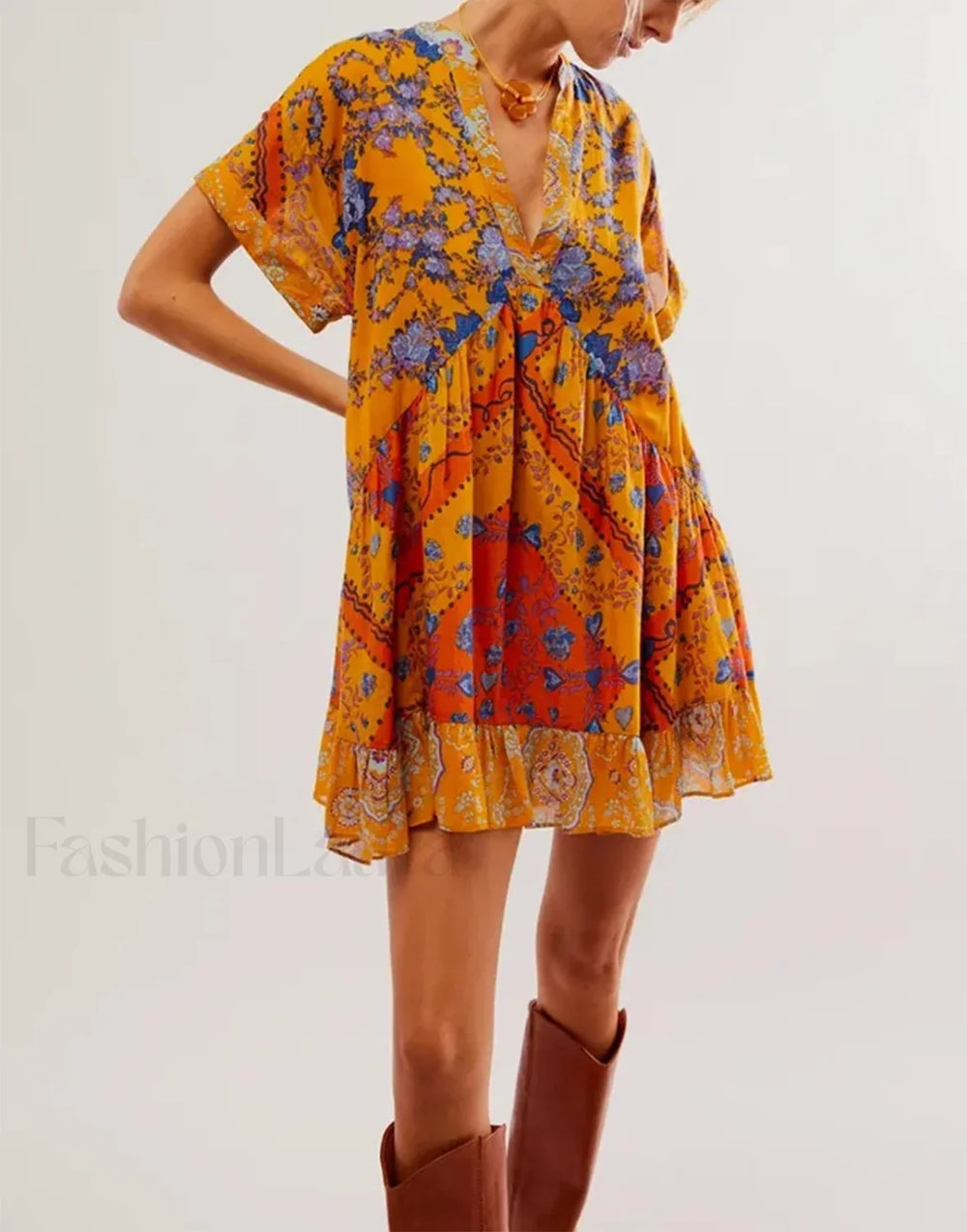 Pleated Oversized V Neck Boho Dress Fluorescein / S