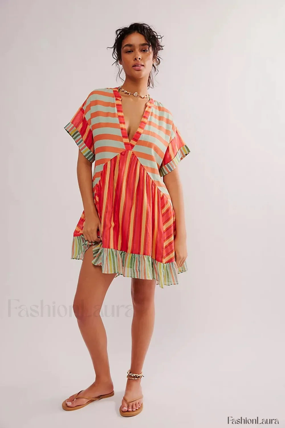 Pleated Oversized V Neck Boho Dress Orange / S