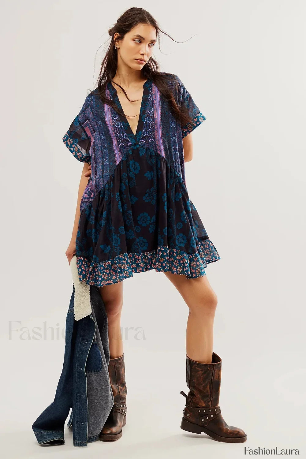Pleated Oversized V Neck Boho Dress Violet / S