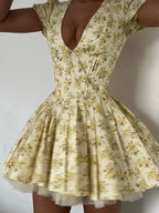Pleated Puff Sleeve Floral Dress