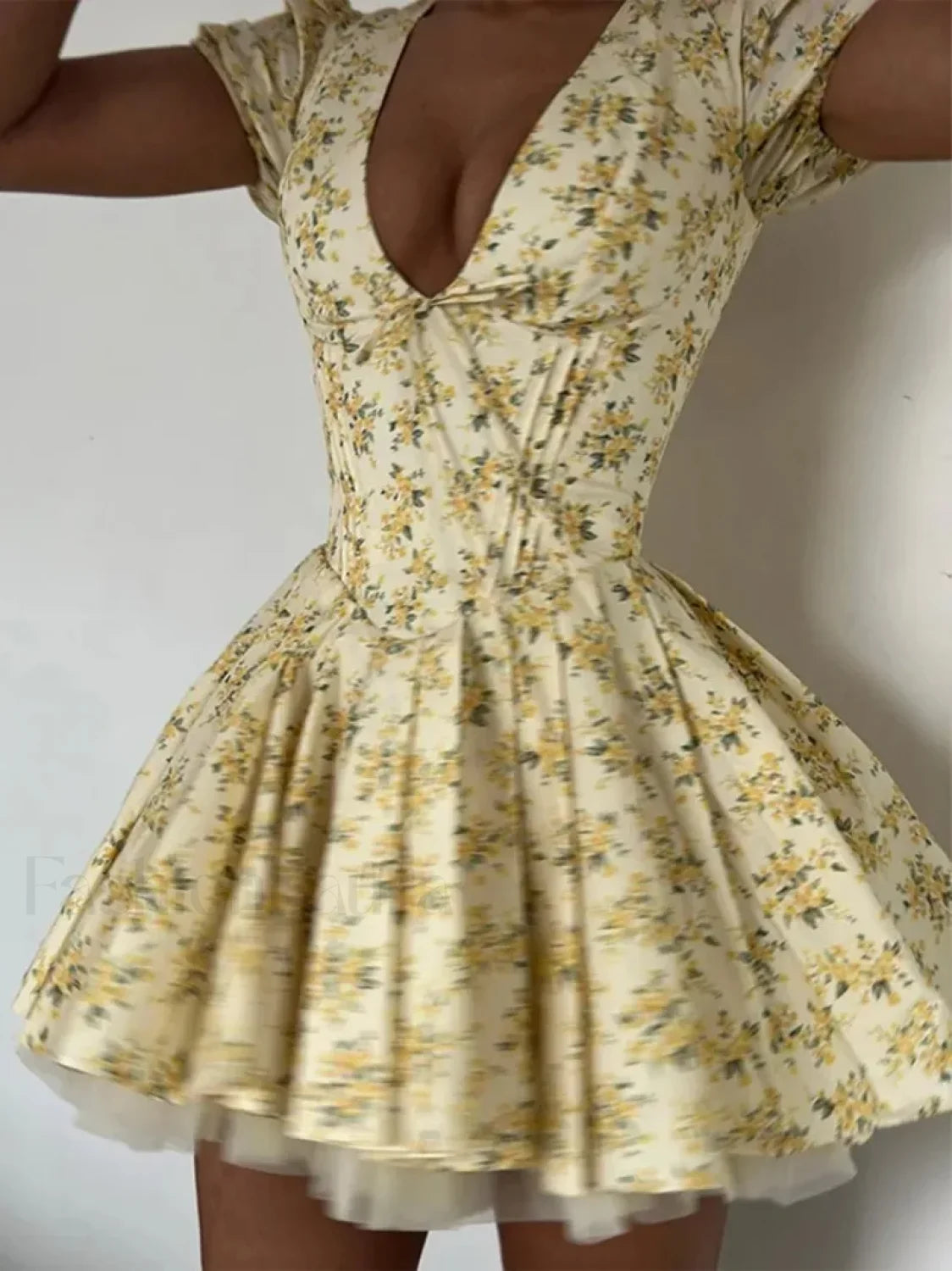 Pleated Puff Sleeve Floral Dress
