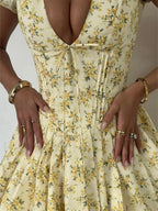 Pleated Puff Sleeve Floral Dress