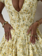 Pleated Puff Sleeve Floral Dress