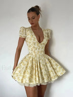 Pleated Puff Sleeve Floral Dress