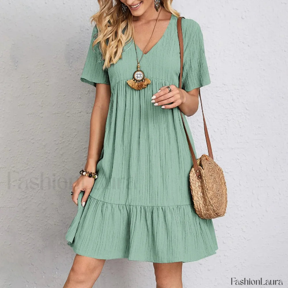 Pleated Ruffle Mini Boho Dress