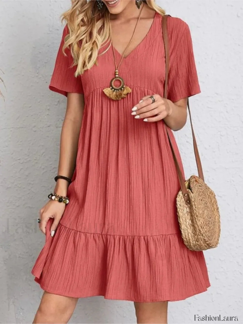 Pleated Ruffle Mini Boho Dress