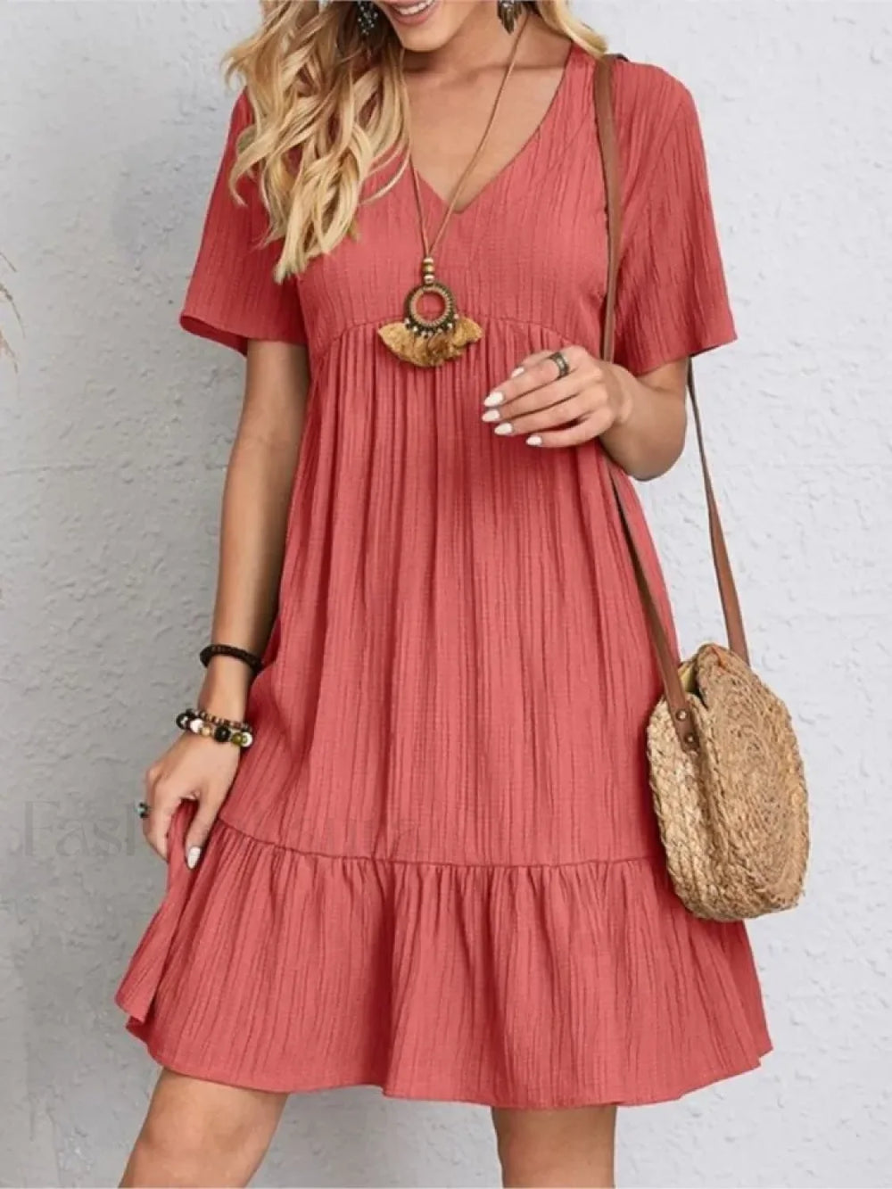Pleated Ruffle Mini Boho Dress