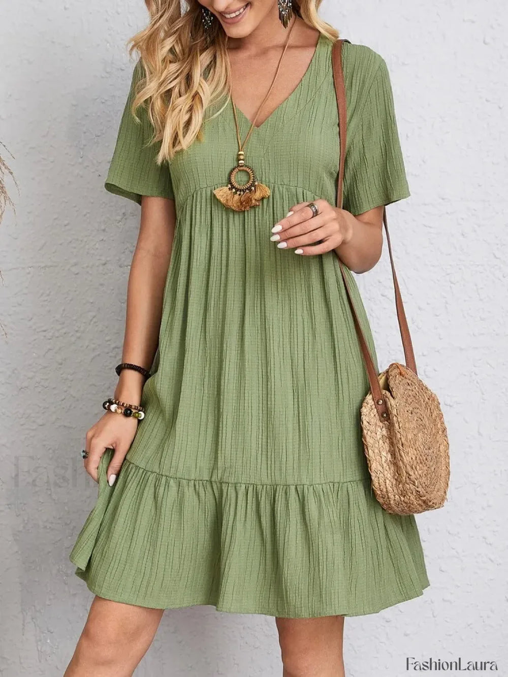 Pleated Ruffle Mini Boho Dress Green / S