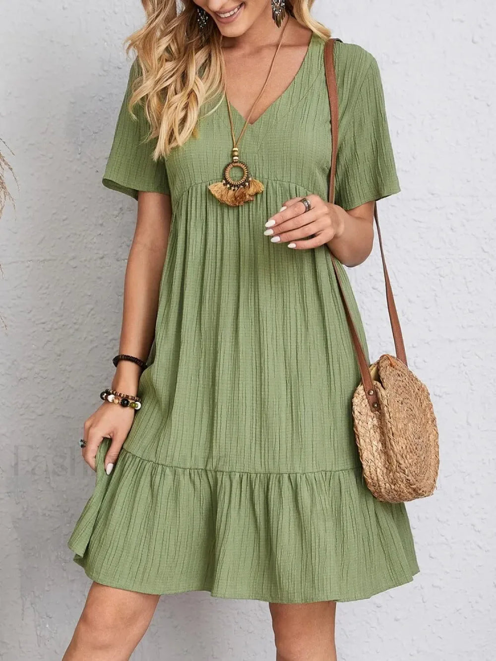 Pleated Ruffle Mini Boho Dress Green / S