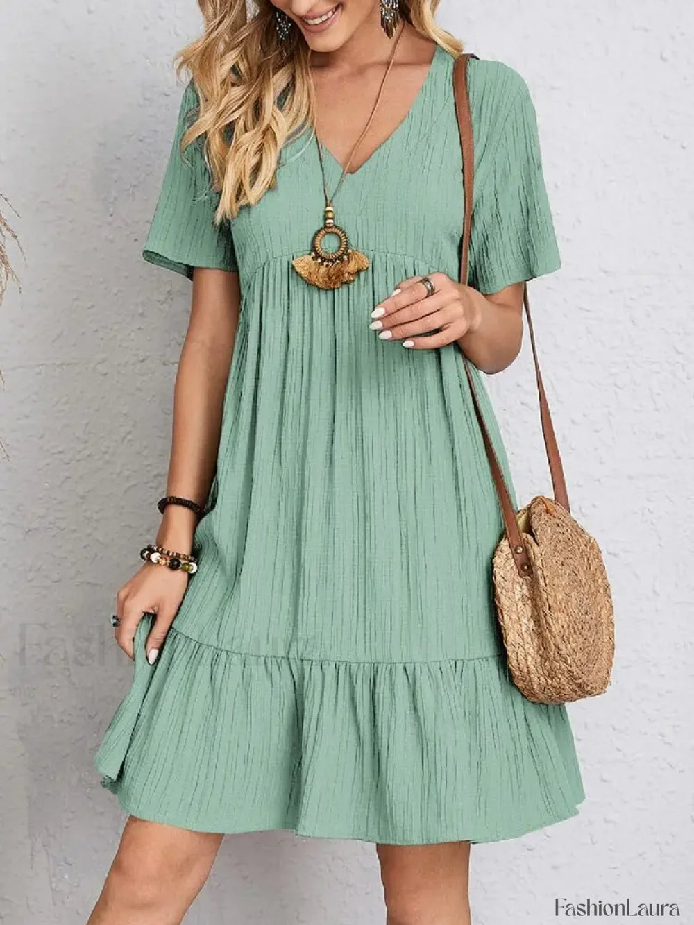 Pleated Ruffle Mini Boho Dress Light Green / S