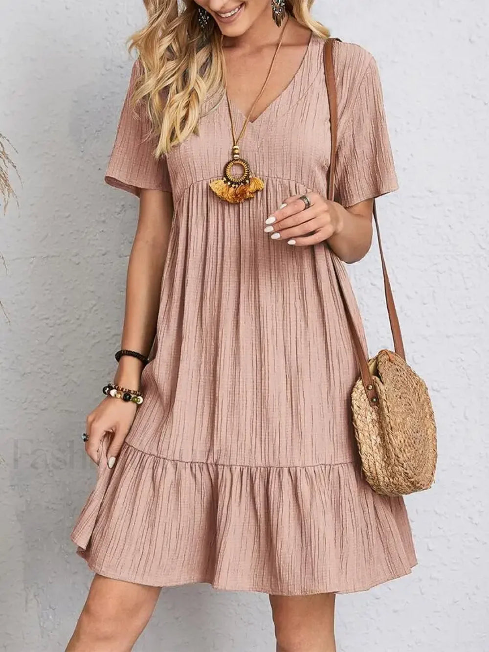 Pleated Ruffle Mini Boho Dress Pink / S