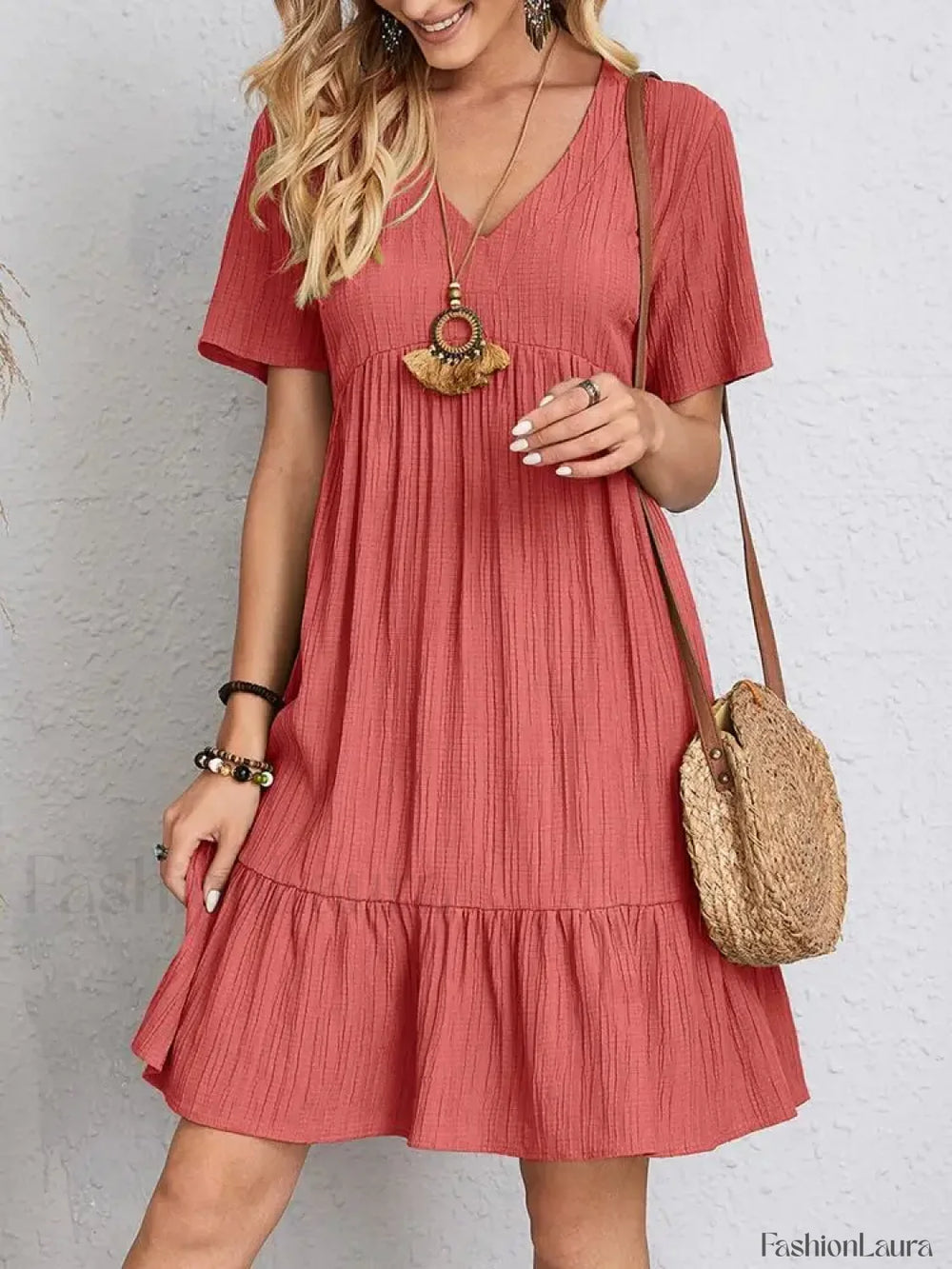 Pleated Ruffle Mini Boho Dress Red / S