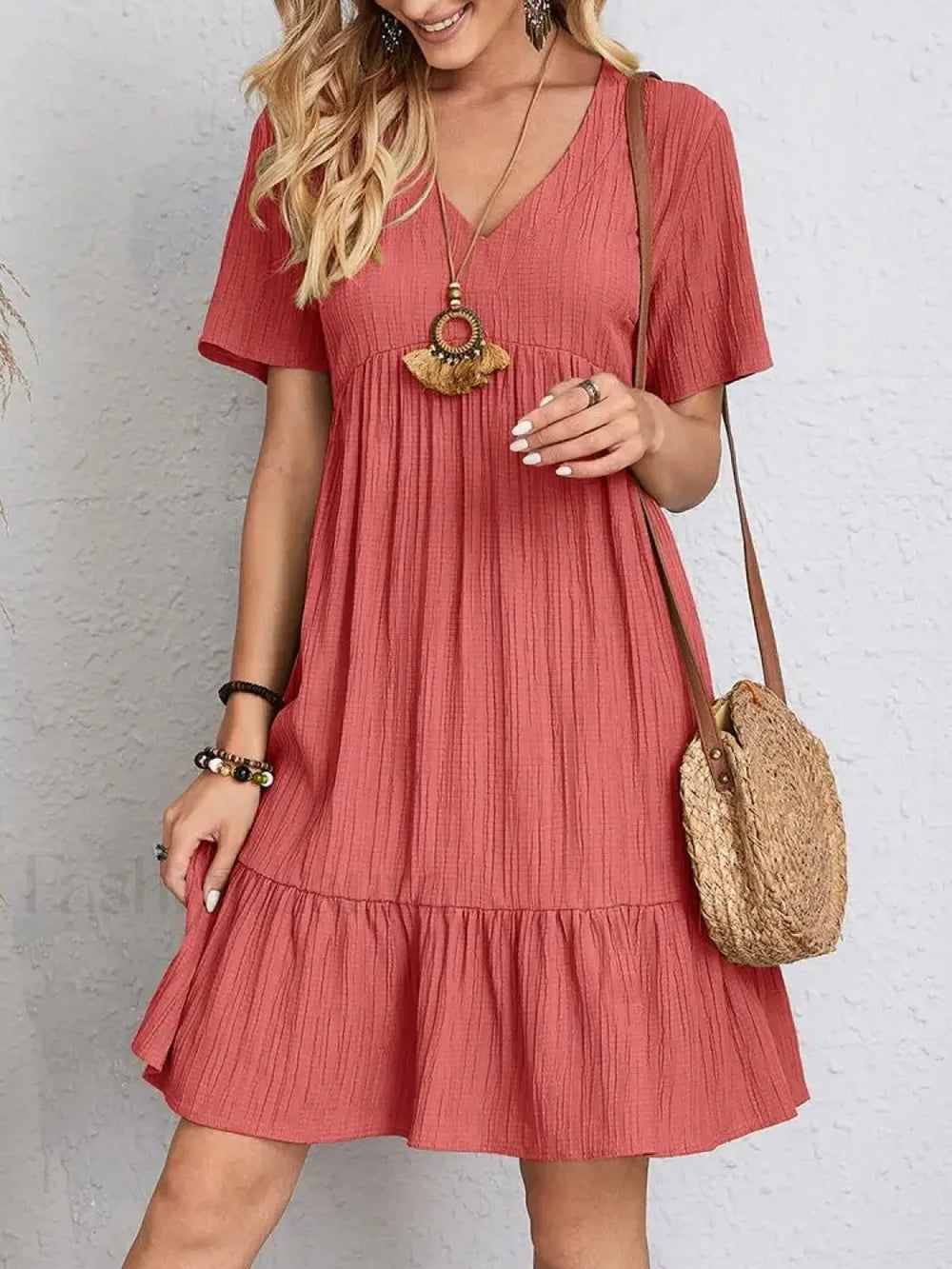 Pleated Ruffle Mini Boho Dress Red / S