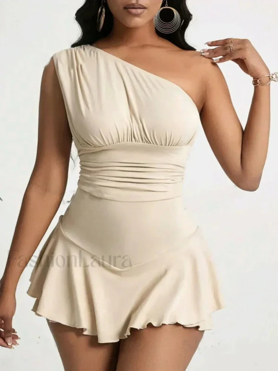 Pleated Solid Single Shoulder One Piece Secondary image
