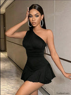 Pleated Solid Single Shoulder One Piece