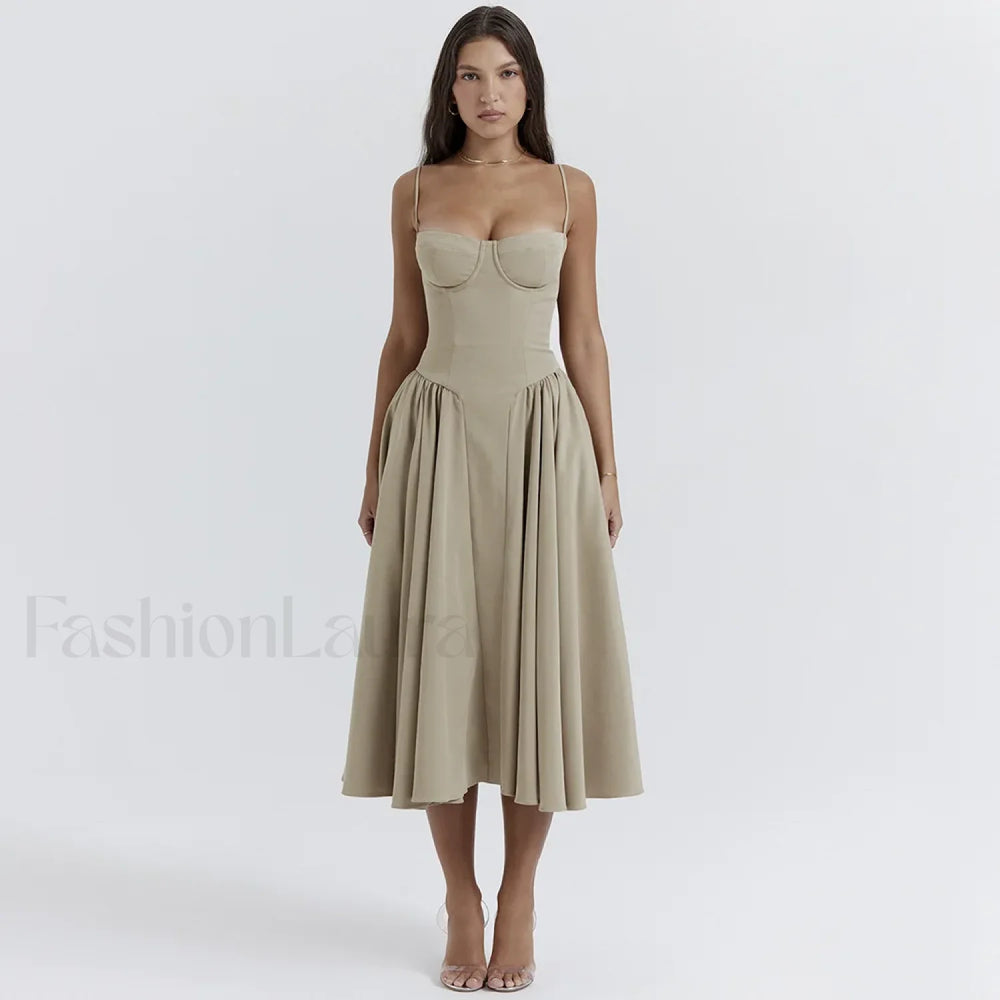 Pleated Spaghetti Strap Midi Dress Khaki / S