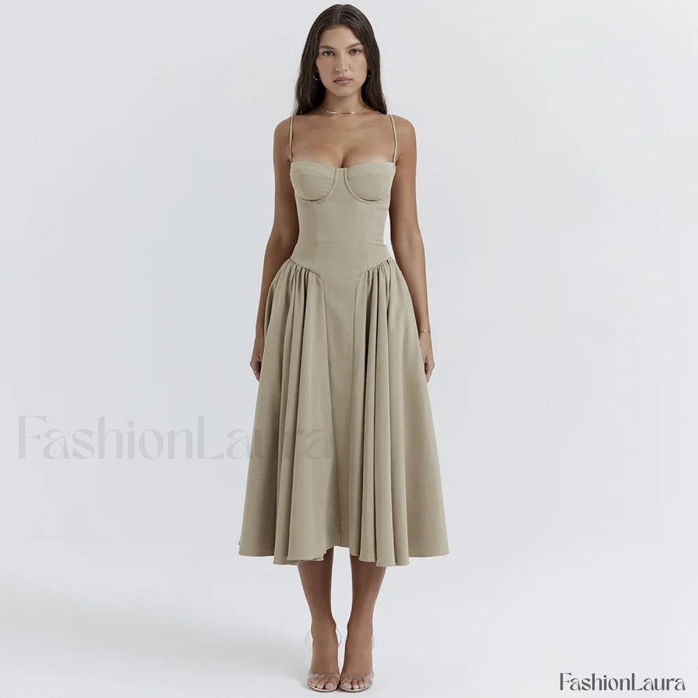 Pleated Spaghetti Strap Midi Dress Khaki / S