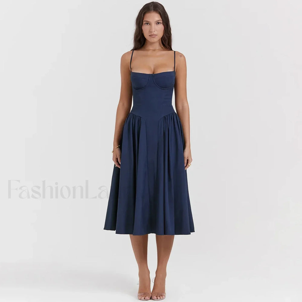 Pleated Spaghetti Strap Midi Dress Navy / S