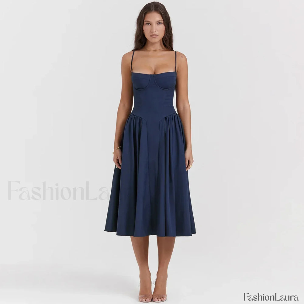 Pleated Spaghetti Strap Midi Dress Navy / S