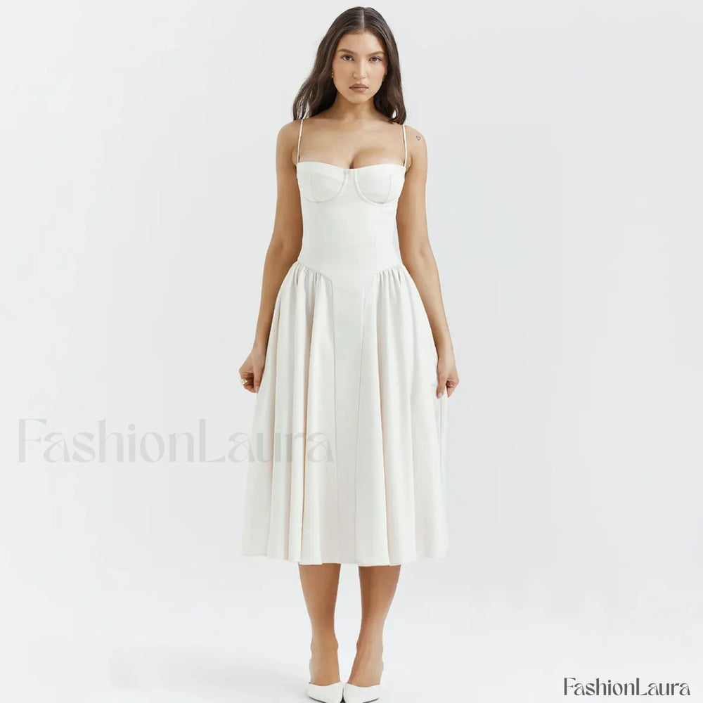 Pleated Spaghetti Strap Midi Dress White / S
