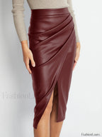 Pleated Split PU Leather Skirt Burgundy / XS Skirts