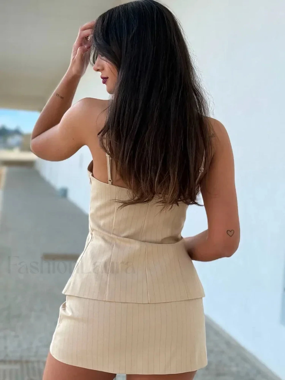 Pleated Stripe Side Zipper Sling Top Culottes Two Piece Set