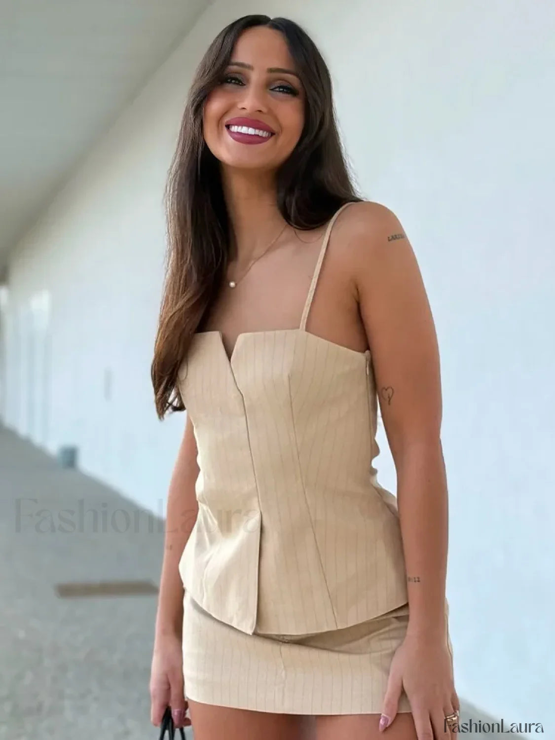 Pleated Stripe Side Zipper Sling Top Culottes Two Piece Set apricot shorts / XS
