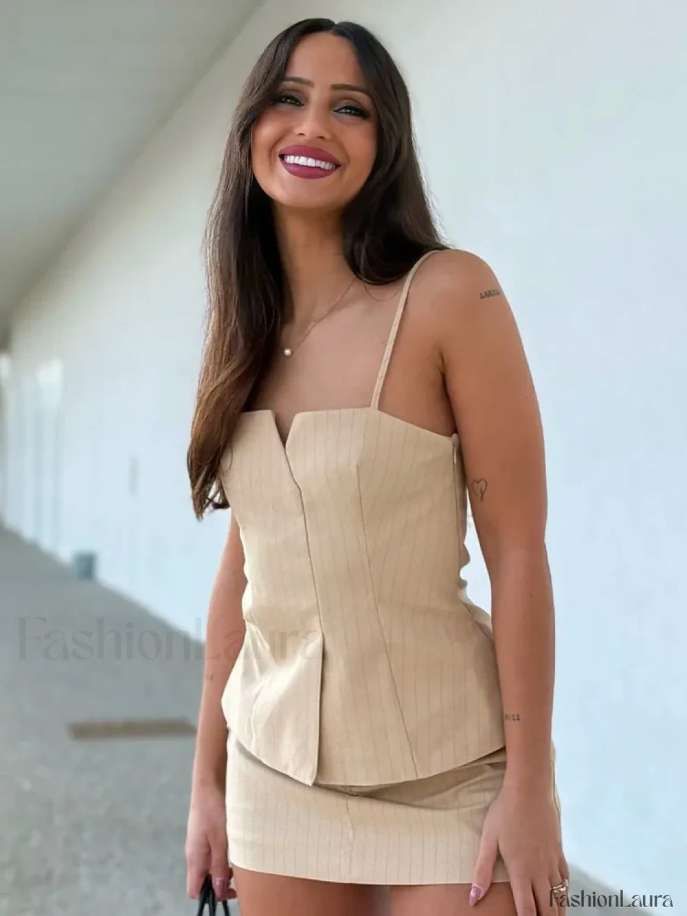 Pleated Stripe Side Zipper Sling Top Culottes Two Piece Set apricot shorts / XS