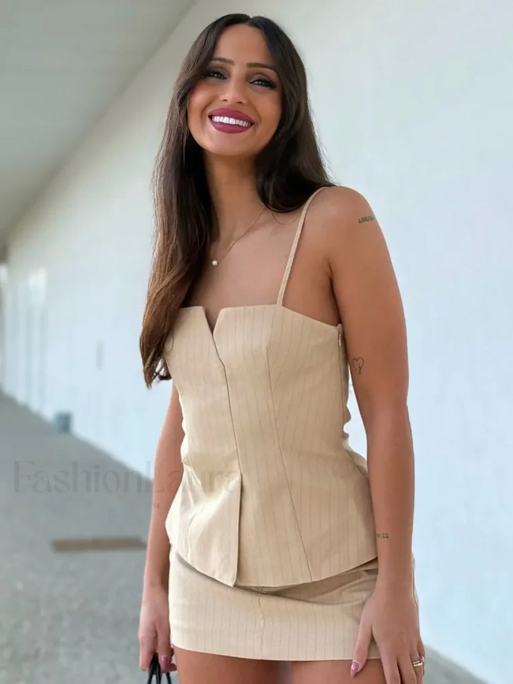 Pleated Stripe Side Zipper Sling Top Culottes Two Piece Set apricot shorts / XS