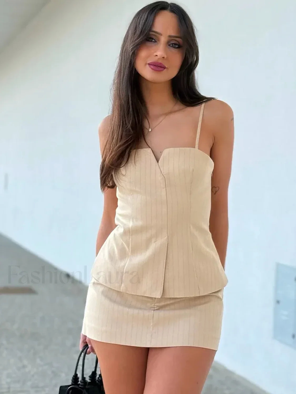 Pleated Stripe Side Zipper Sling Top Culottes Two Piece Set apricot suit / XS Main image