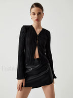 Pleated V neck Ruffle Trendy Long Sleeve Blouse Blouses