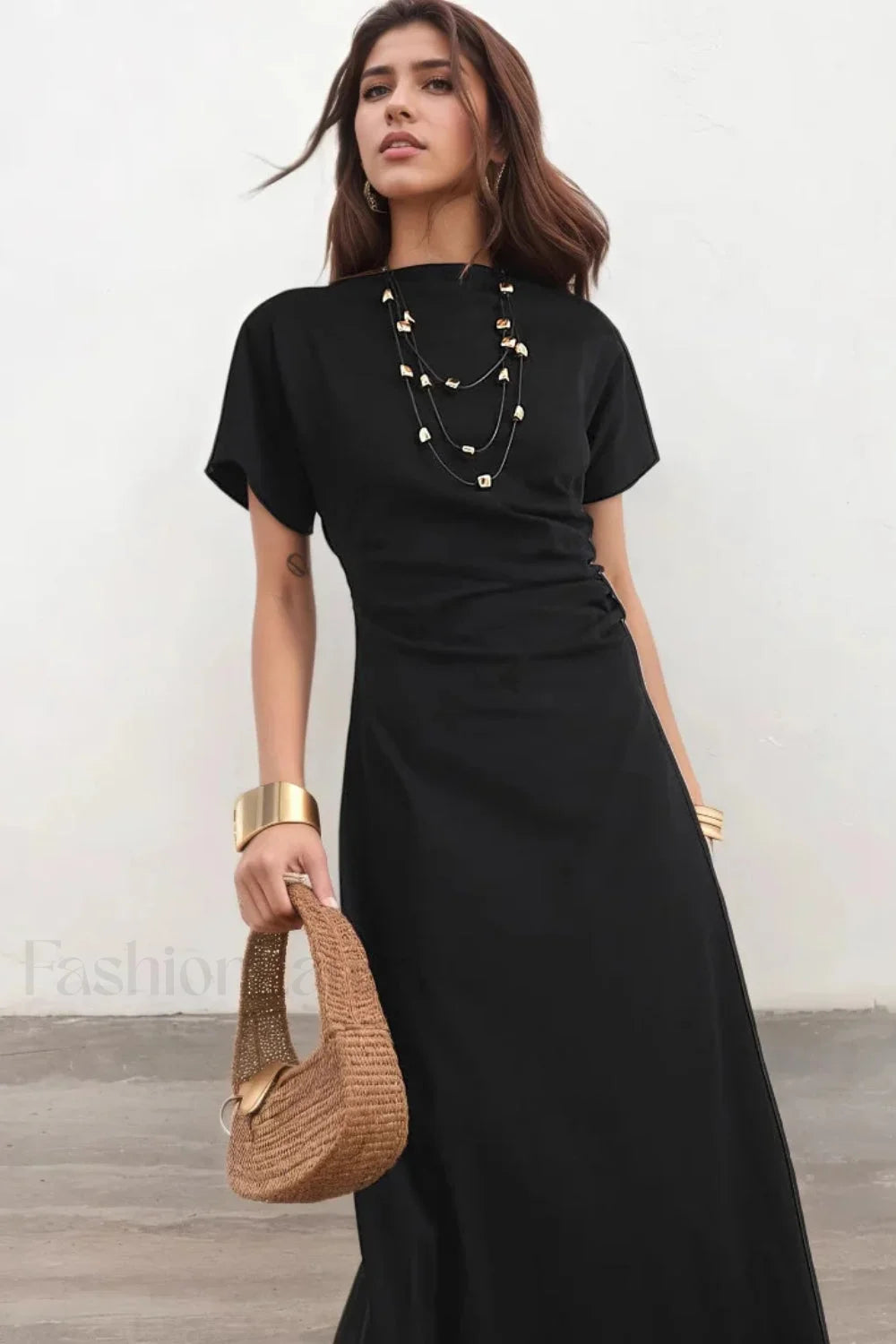Pleated Waist Pendant Detail Black Maxi Dress Secondary image
