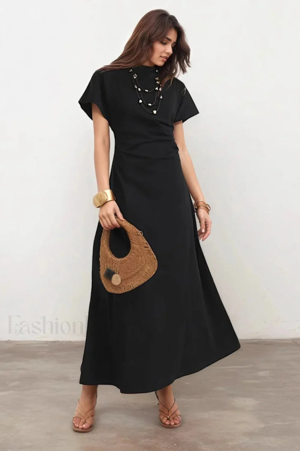 Pleated Waist Pendant Detail Black Maxi Dress Black / S Main image