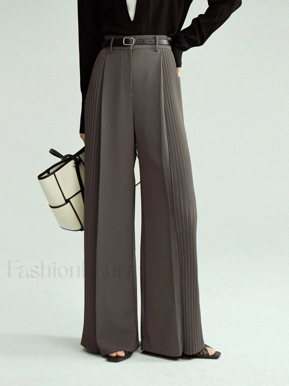 Pleated Wide Leg Trendy Pants Without Belt Grey / XS Pants Main image