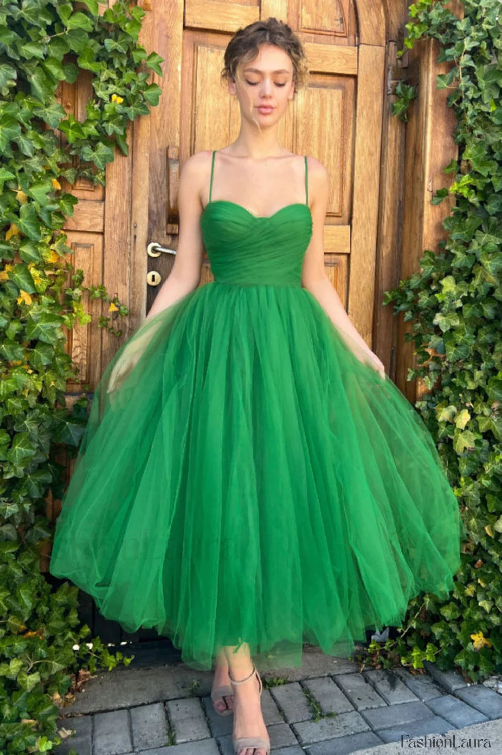 Pleats Spaghetti Stylish Straps Midi Dress S / Green