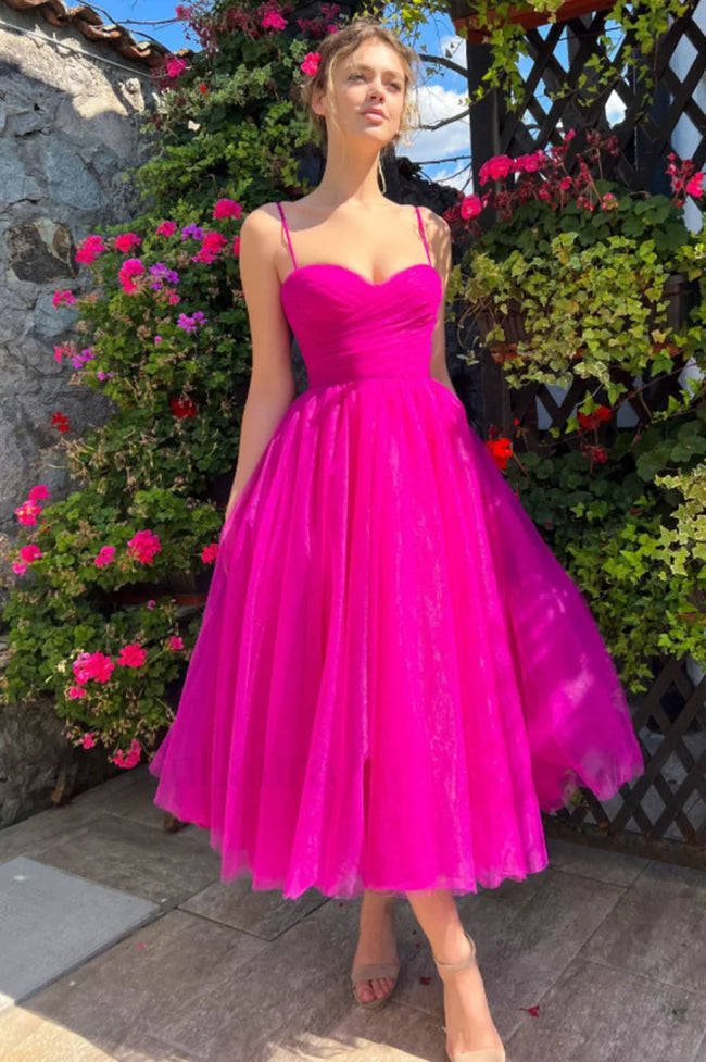Pleats Spaghetti Stylish Straps Midi Dress S / Hot Pink Main image