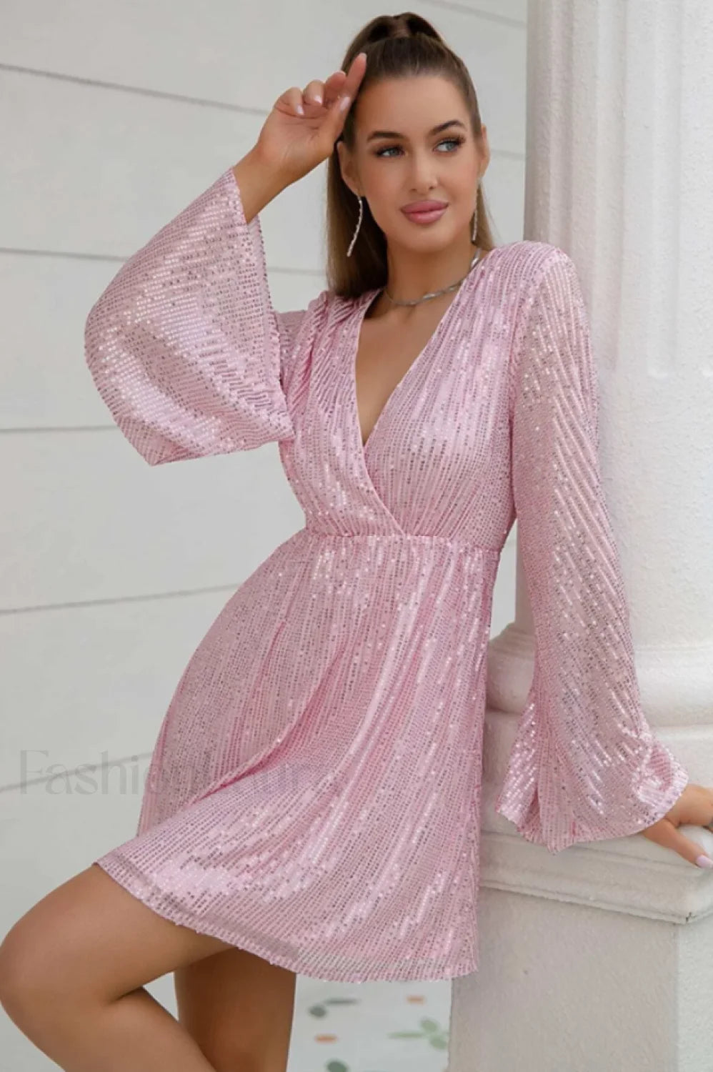 Plunging Neck Stylish Sequin Dress