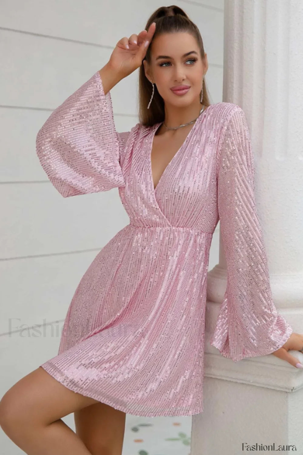 Plunging Neck Stylish Sequin Dress