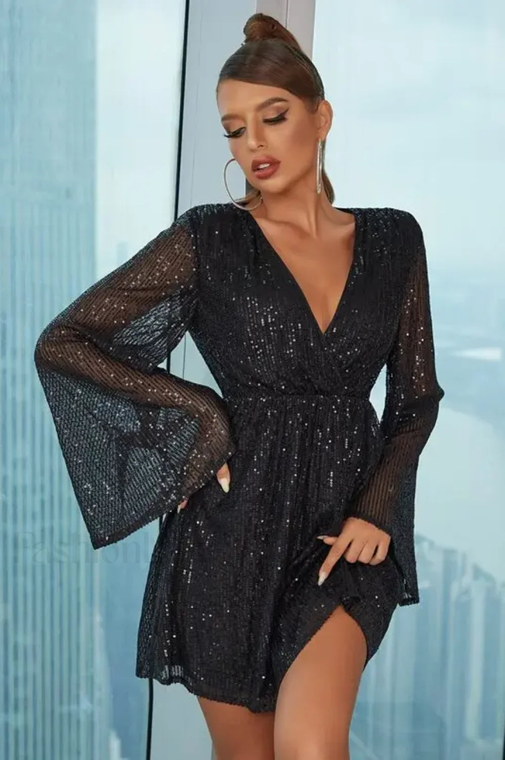 Plunging Neck Stylish Sequin Dress S / Black