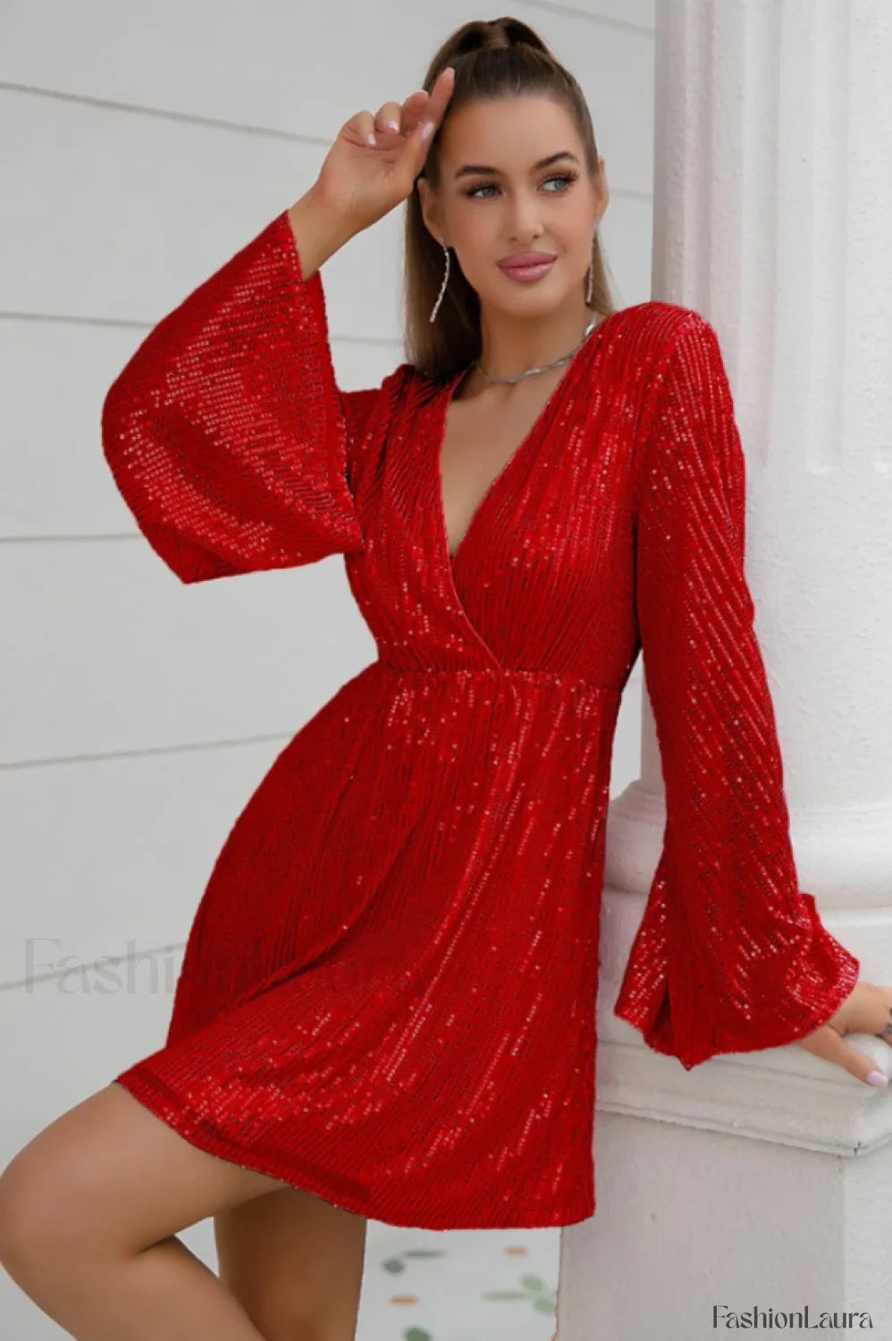 Plunging Neck Stylish Sequin Dress