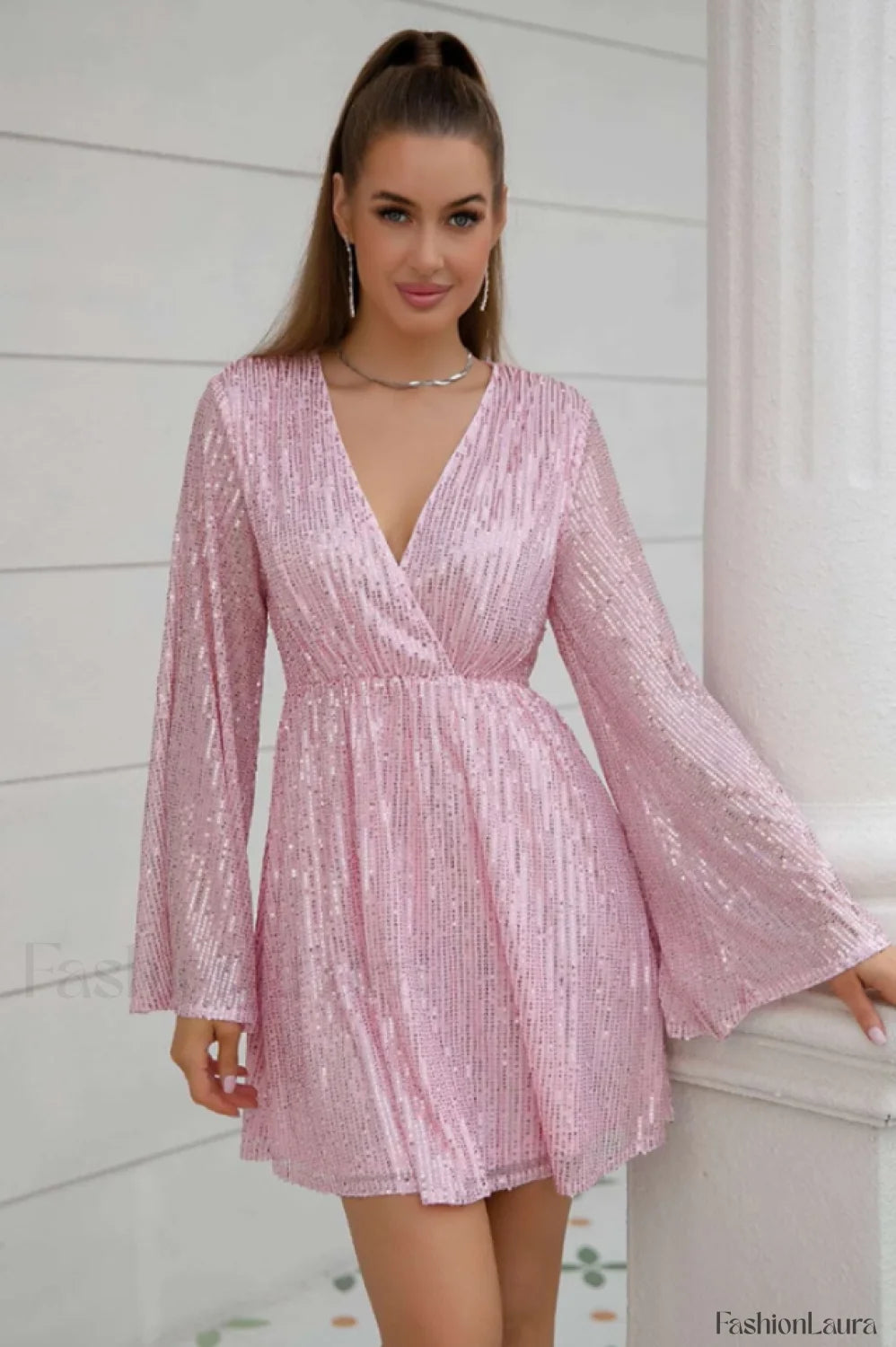 Plunging Neck Stylish Sequin Dress S / Pink
